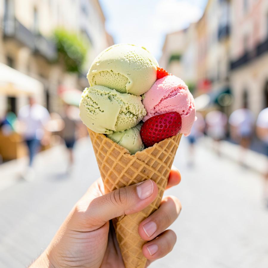 Cucurucho con dos bolas de helado artesano en la calle