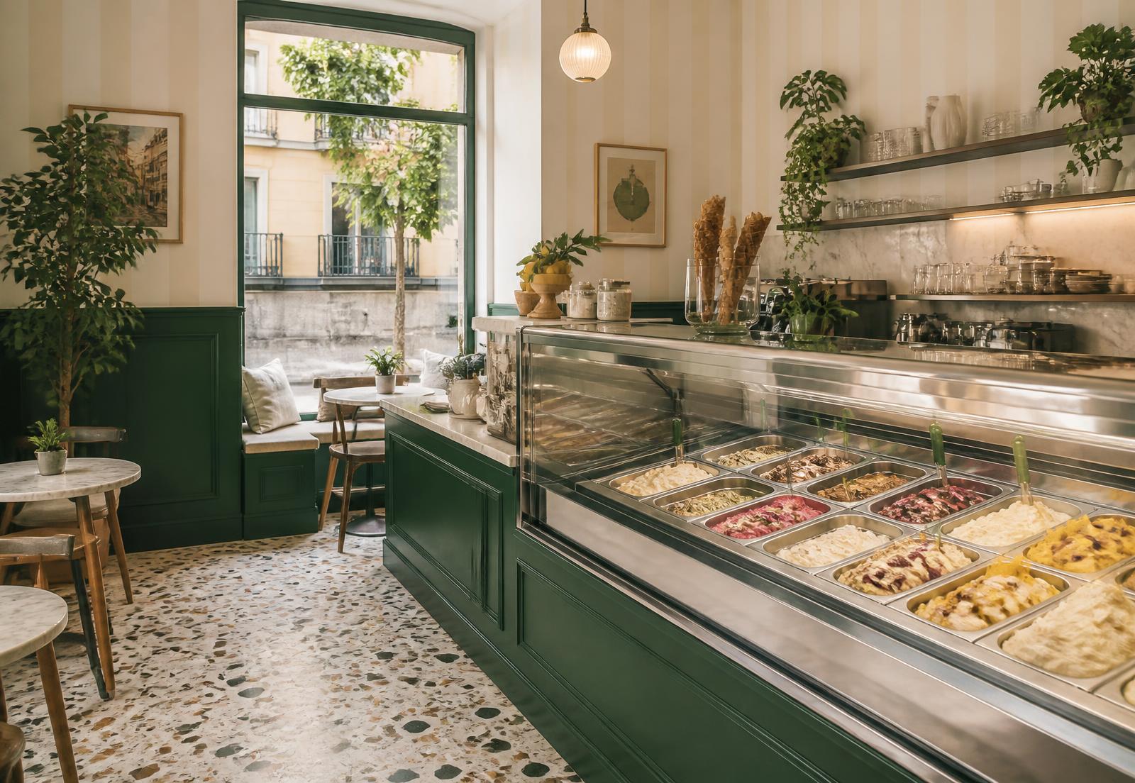 Interior de la heladería con la vitrina de helados